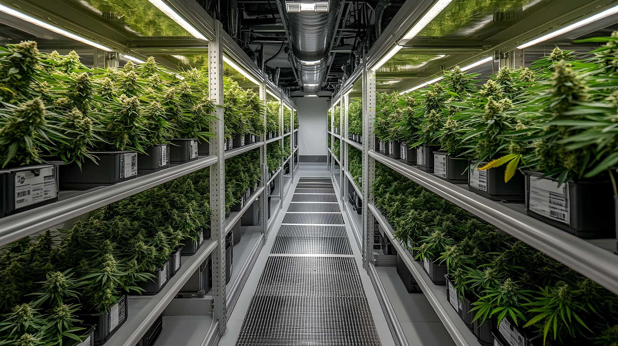 Indoor-Aufzucht von Cannabis-Pflanzen in professioneller Anlage mit künstlicher Beleuchtung